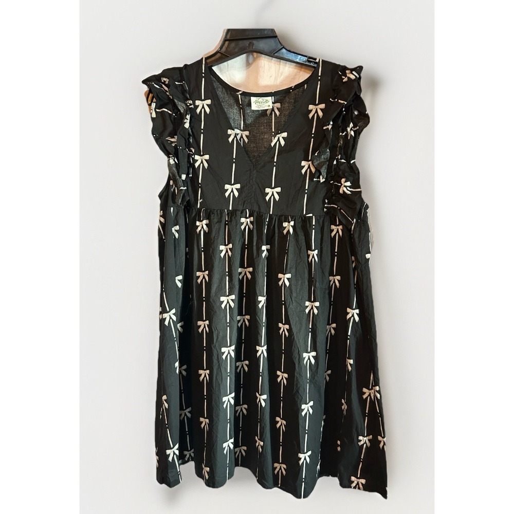 New'm Black &‎ White Bows Boho V Neck Mini Dress Women's Size Large Ruffled